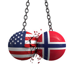 Relationship conflict between USA and Norway. Trade deal concept. 3D Rendering