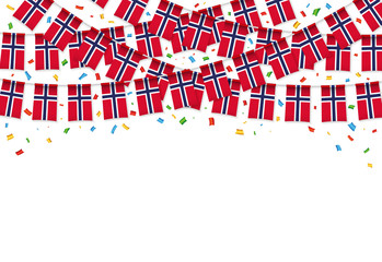 Fototapeta premium Norway flag garland white background with confetti, Hang bunting for Norway independence Day celebration template banner, Vector illustration