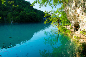 Lake with clear turquoise water, National park Plitvice Lakes, Croatia