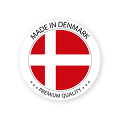 Obraz premium Modern vector Made in Denmark label isolated on white background, simple sticker with Danish colors, premium quality stamp design, flag of Denmark
