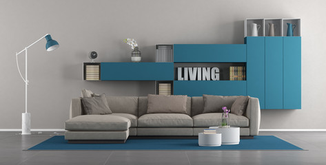 Modern living room with sofa and bookcase