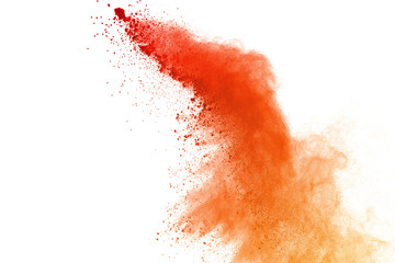 Red powder explosion on white background. Paint Holi.