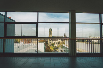 Fototapeta premium October 2018. Germany Helios Klinikum Krefeld. Interior hospital inside. Spacious deserted corridors of station, floor of new hospital, German European medicine. Theme of health care clinic interior