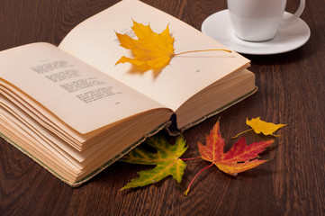 Autumn concept. Coffee cup, book and colored leaves