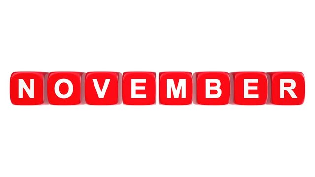 November text word on red glossy cubes 3D animation on white background