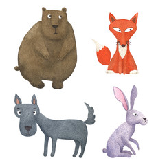 Funny watercolor forest animals set. Hand painted bear, fox, wolf and hare isolated on white. 