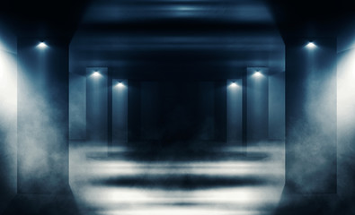 Background of an empty hall with pillars, neon lights, smoke, smog