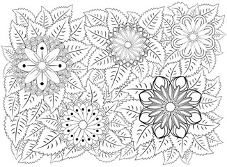 Coloring book for adult and older children. Coloring page with vintage flowers pattern