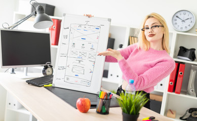 Young girl standing in the office and holding a magnetic Board.