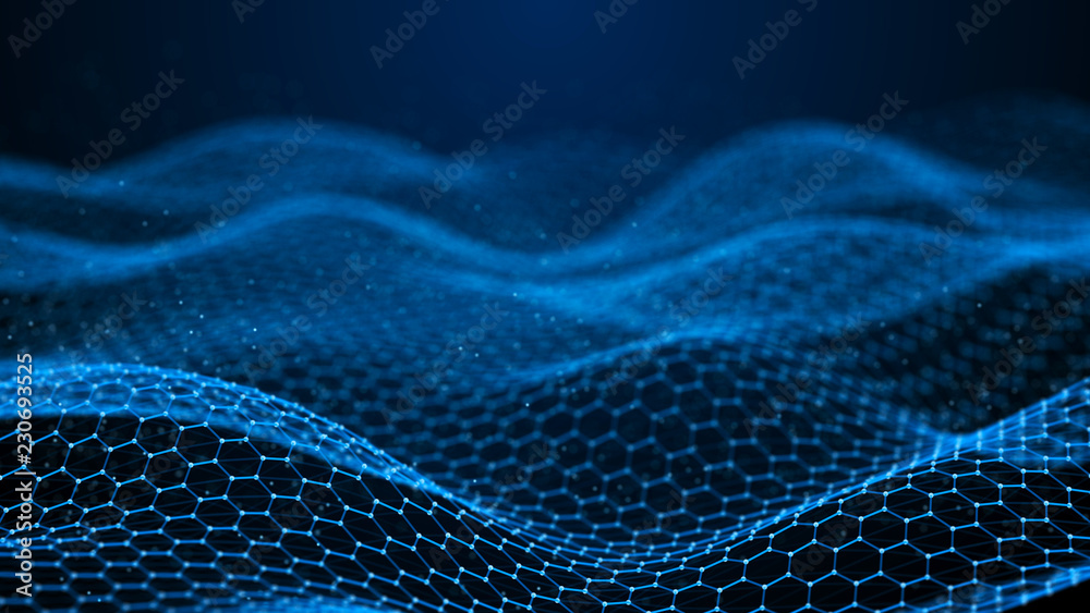 Poster Data technology background. Abstract background. Connecting dots and lines on dark background. 3D rendering. 4k.