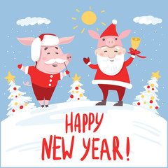 Funny Happy New Year 2019 card design with Santa Claus  and Pig. Vector illustration.