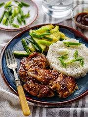 Hoisin Chicken. Traditional Asian cuisine. Chicken with sauce, rice and pickled cucumbers.
