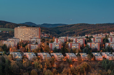Urban photography of typical residential buildings of inhabitans in the city Zlin, Czech Republic, Europe. Picture taken during blue hour with blue sky make a nice image of this Bata town.