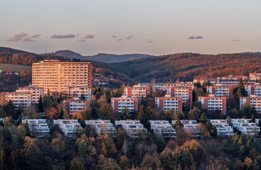 Urban photography of typical residential buildings of inhabitans in the city Zlin, Czech Republic, Europe. Picture taken during sunset with colurful sky, building make a nice image of this Bata town.