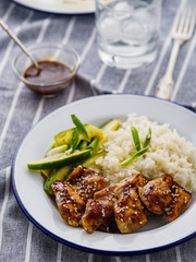 Hoisin Chicken. Traditional Asian cuisine. Chicken with sauce, rice and pickled cucumbers.