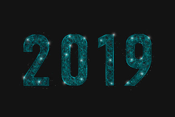 Abstract isolated blue image of  new year number 2019. Polygonal  low poly wireframe illustration looks like stars in the blask night sky in spase or flying glass shards. Digital web, internet design © Katsiaryna