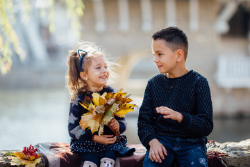 A boy and a girl sitting in a autumn park near a lake on a stone wall with a plaid and yellow leaves