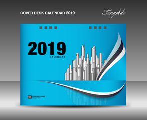 Cover Desk Calendar 2019 Design, annual report template, business brochure flyer, ads, booklet, catalog, book cover, wave background