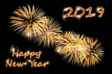 Happy new year 2019 text of flash letters and golden fireworks