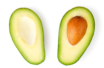 Two halves of avocado on a white. The view from the top.