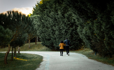 Young Couple walks in the park