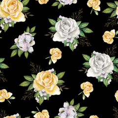Seamless floral  pattern on a black background. Watercolor hand drawn