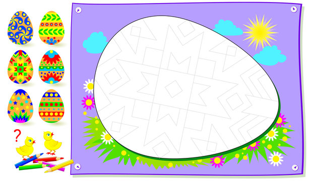 Educational page for kids. Need to find the Easter egg corresponding pattern and paint the picture. Logic puzzle game for young children with black and white image for coloring book. 
