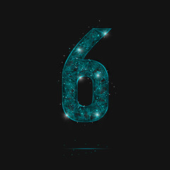 Abstract isolated blue image of a number six. Polygonal illustration looks like stars in the blask night sky in spase or flying glass shards. Digital design for website, web, internet. © Katsiaryna