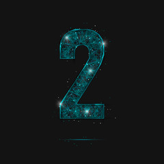 Abstract isolated blue image of a number two. Polygonal illustration looks like stars in the blask night sky in spase or flying glass shards. Digital design for website, web, internet. © Katsiaryna