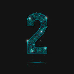 Abstract isolated blue image of a number two. Polygonal illustration looks like stars in the blask night sky in spase or flying glass shards. Digital design for website, web, internet. © Katsiaryna