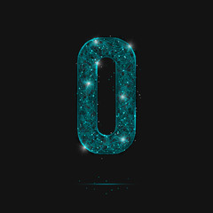 Abstract isolated blue image of a number zero. Polygonal illustration looks like stars in the blask night sky in spase or flying glass shards. Digital design for website, web, internet. © Katsiaryna