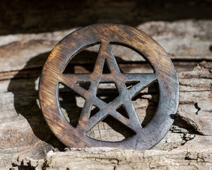 Wooden encircled pentagram symbol on fibrous tree bark in the forest. Five elements: Earth, Water, Air, Fire, Spirit.