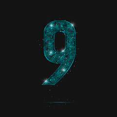 Abstract isolated blue image of a number nine. Polygonal illustration looks like stars in the blask night sky in spase or flying glass shards. Digital design for website, web, internet. © Katsiaryna