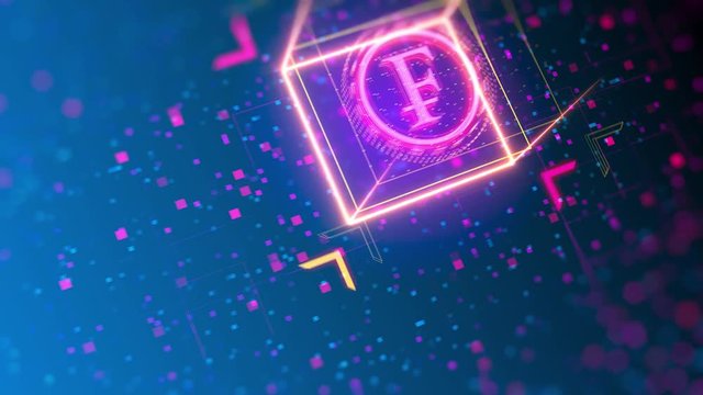 Swiss franc currency animated logo reveal. Financial sign on digital background. Closeup video with depth of field, bokeh, neon lights.