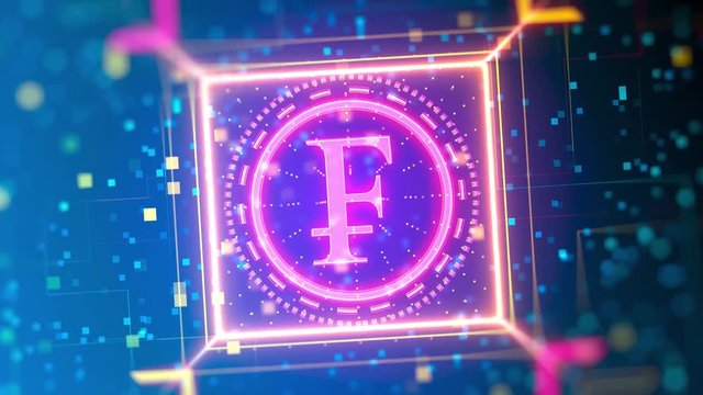 Swiss franc currency animated logo reveal. Financial sign on digital background. Closeup video with depth of field, bokeh, neon lights.
