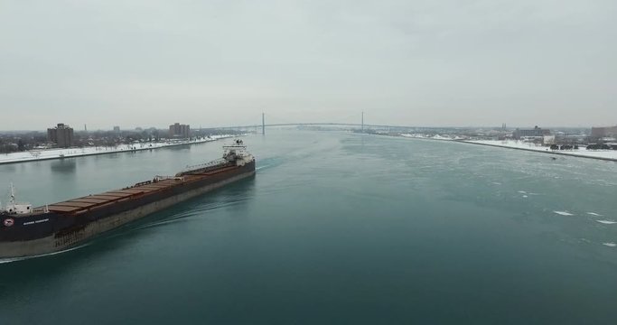 Detroit River Barge Aerial 4K