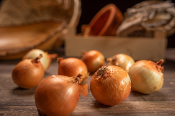 onions in a old wood table