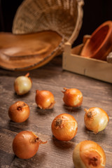 onions in a old wood table