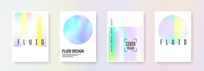 Holographic poster set. Abstract backgrounds. Vintage holographic poster with gradient mesh. 90s, 80s retro style. Iridescent graphic template for placard, presentation, banner, brochure.
