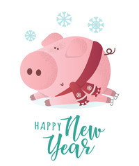 Happy New Year banner. Cute pig in winter scarf
