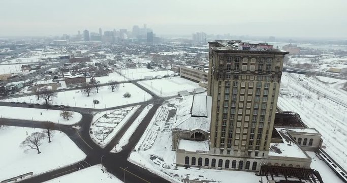 Abandoned Train Station Detroit Michigan Aerial 4K