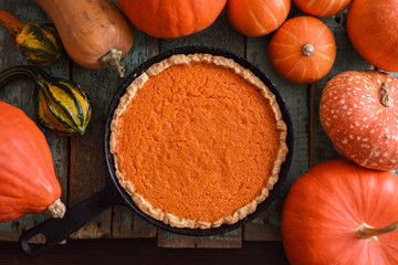 Autumn dessert. Homemade pumpkin pie and raw pumpkins and squashes on blue wooden background