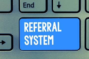 Word writing text Referral System. Business concept for sending own patient to another physician for treatment.