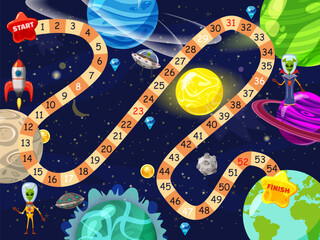 Space board game vector illustration. Rockets UFO and Aliens in space board game strategy kid cartoon design template or racing tabletop game with dice to start and finish route in space planets