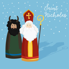 Cute St. Nicholas with devil, text and falling snow. Christmas invitation, greeting card. Flat kids design. Winter vector illustration background, web banner.