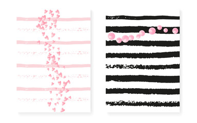 Wedding card invitation with dots and sequins. Bridal shower set with pink glitter confetti. Vertical stripes background. Retro wedding card for party, event, save the date flyer.
