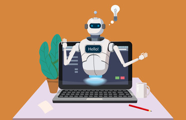 Free Chat Bot, Robot Virtual Assistance On Laptop Say Hello Element Of Website Or Mobile Applications, Artificial Intelligence Concept Cartoon Vector Illustration Office Background