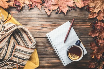 Autumn fashion seasonal concept sweater cardigan Scandinavian knitted scarf cup hot black tea