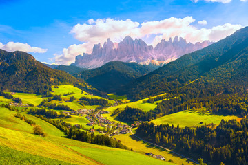 Funes Valley aerial view and Odle mountains, Dolomites Alps, Italy. - obrazy, fototapety, plakaty