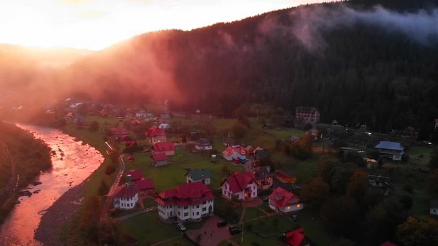 Overlooking View of Rural Ukrainian Village at Dawn, in Timelapse